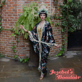 Koi Fish Art Nouveau Kimono Bat Wing Beaded Fringe Dressing Gown Bamboo Geisha Black Burlesque Mint Green Cocoon Robe Goddess Wrap Bohemian Drag Queen Belly Dance Flowing Carnival Caftan Kaftan Tiki Beach Cover Wrap Costume Majestic Jezebel's Boudoir