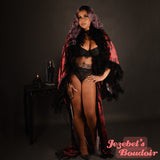 Red Art Nouveau Feather Bat Wing Dressing Gown Gothic Fringe Witch Occult Satanic Baphomet Demon WGT Duster Damask Devil Cocoon Robe Burgundy Poiret Kimono Flowing Black Magic 666 Queen Burlesque Costume Goddess Majestic Halloween New Orleans