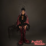 Red Art Nouveau Feather Bat Wing Dressing Gown Gothic Fringe Witch Occult Satanic Baphomet Demon WGT Duster Damask Devil Cocoon Robe Burgundy Poiret Kimono Flowing Black Magic 666 Queen Burlesque Costume Goddess Majestic Halloween New Orleans