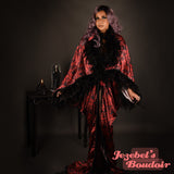 Red Art Nouveau Feather Bat Wing Dressing Gown Gothic Fringe Witch Occult Satanic Baphomet Demon WGT Duster Damask Devil Cocoon Robe Burgundy Poiret Kimono Flowing Black Magic 666 Queen Burlesque Costume Goddess Majestic Halloween New Orleans