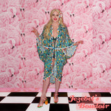 Caftan Beach Cover Pom Pom Tassel Wrap Shawl Kaftan Tiki Cat Carmen Miranda Fruit Kimono Burlesque Tropical Oasis Dingle Balls Cocoon Dressing Gown Teal Caribbean Havana Nights Retro Hukilau Viva Las Vegas Carnival Mardi Gras Festival Miss Fluff