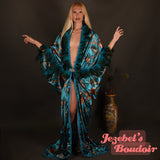 Tiger Art Nouveau Fortune Teller Bat Wing Goddess Dressing Gown, Blue Geisha Peacock Cocoon Robe, Glam Kimono Feather Fringe Bohemian Poiret Flowing Wrap Drag Queen Burlesque Belly Dance Carnival Drop Waist Theater Costume Majestic Jezebel's Boudoir