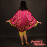 Pink Art Nouveau Paisley Bat Wing Fringe Dressing Gown Fortune Teller Cocoon Robe Bohemian Poiret Kimono Flowing Belly Dance Wrap Shawl Drag Queen Burlesque Fantasy Festival Costume Carnival Goddess Majestic Vaudeville Brocade Jezebel's Fascination
