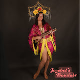 Pink Art Nouveau Paisley Bat Wing Fringe Dressing Gown Fortune Teller Cocoon Robe Bohemian Poiret Kimono Flowing Belly Dance Wrap Shawl Drag Queen Burlesque Fantasy Festival Costume Carnival Goddess Majestic Vaudeville Brocade Jezebel's Fascination