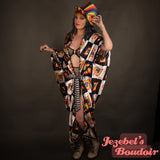 Rainbow Art Nouveau Harlequin Bat Wing Pride Dressing Alice in Wonderland Gown Cocoon Robe Mad Hatter Costume Black White New Orleans Kimono Trippy Burlesque Theater Fantasy Hand Made Mardi Gras Drag QueenJezebel's Fascination Boudoir Bohemian