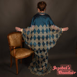 Virgin Mary Art Nouveau Kimono Bat Wing Flowing Dressing Gown Cocoon Robe Golden Sheer Blue Reveal Champagne Pearl Beaded Fringe Crystal Poiret Belly Dance Queen Burlesque Bohemian Costume Carnival Goddess Majestic Fantasy Jezebel's Boudoir Drop Waist