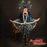 Virgin Mary Art Nouveau Kimono Bat Wing Flowing Dressing Gown Cocoon Robe Golden Sheer Blue Reveal Champagne Pearl Beaded Fringe Crystal Poiret Belly Dance Queen Burlesque Bohemian Costume Carnival Goddess Majestic Fantasy Jezebel's Boudoir Drop Waist