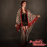 Fringe Art Deco Scale Bat Wing Burlesque Flowing Dressing Gown 1920s Cocoon Robe Flapper Kimono Gatsby Gold Red Black White Erte Theater Costume Wearable Art Hand Made Poiret Mardi Gras Drag Queen Drop Waist Jezebel's Fascination Boudoir Bohemian