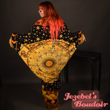 Astrology Art Nouveau Fringe Bat Wing Fortune Teller Dressing Gown Kimono Cocoon Robe Star Golden Zodiac Sun Moon Duster Occult Priestess Belly Dance Wrap Wicca Burlesque Fantasy Flowing Costume Mystical Festival Goddess Majestic Bohemian Celestial