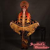 Astrology Art Nouveau Fringe Bat Wing Fortune Teller Dressing Gown Kimono Cocoon Robe Star Golden Zodiac Sun Moon Duster Occult Priestess Belly Dance Wrap Wicca Burlesque Fantasy Flowing Costume Mystical Festival Goddess Majestic Bohemian Celestial