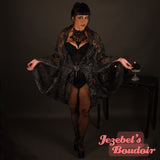 Black Art Nouveau Witch Bat Wing Gothic Romantic Dressing Gown Vampire Ball Cocoon Robe Burlesque Silver Lace Poiret Goddess Belly Dance Wrap Fantasy Drag Queen Art Deco Costume WGT Majestic Flowing Vaudeville Priestess Jezebel's Fascination Boudoir