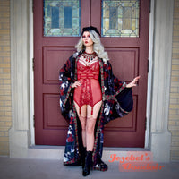 Velvet Skull Bat Wing Dressing Gown, Gothic Romantic Oddity Red Rose Vampire Costume, WGT Duster, Golden Ornate Embroidered Robe, Halloween Wedding Cocoon Burgundy Poiret Kimono Flowing Black Magic Queen Burlesque Costume Goddess Majestic Smoking Jacket