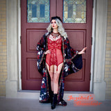 Velvet Skull Bat Wing Dressing Gown, Gothic Romantic Oddity Red Rose Vampire Costume, WGT Duster, Golden Ornate Embroidered Robe, Halloween Wedding Cocoon Burgundy Poiret Kimono Flowing Black Magic Queen Burlesque Costume Goddess Majestic Smoking Jacket