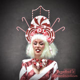 Large Peppermint Candy Cane Red White Stripes Headband, Kitschmas Ornament Ugly Christmas Sweater Headpiece, Candy Mint Elf Novelty Kitsch Party Headdress, Glitter Holiday Fairy Fae Headdress, Yule Hand Made Unique Tacky New Orleans Festival Accessories