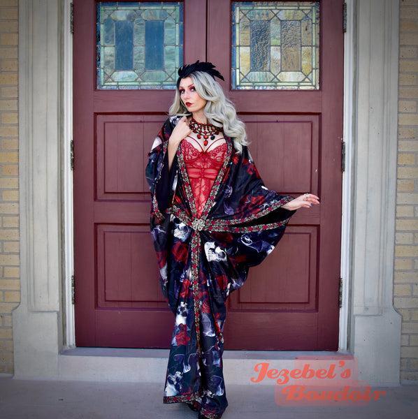Velvet Skull Bat Wing Dressing Gown, Gothic Romantic Oddity Red Rose Vampire Costume, WGT Duster, Golden Ornate Embroidered Robe, Halloween Wedding Cocoon Burgundy Poiret Kimono Flowing Black Magic Queen Burlesque Costume Goddess Majestic Smoking Jacket