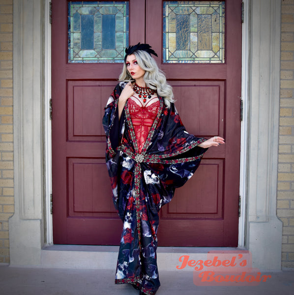 Velvet Skull Bat Wing Dressing Gown, Gothic Romantic Oddity Red Rose Vampire Costume, WGT Duster, Golden Ornate Embroidered Robe, Halloween Wedding Velvet Skull Bat Wing Dressing Gown, Gothic Romantic Oddity Red Rose Vampire Costume, WGT Duster, Golden Ornate Embroidered Robe, Halloween Wedding