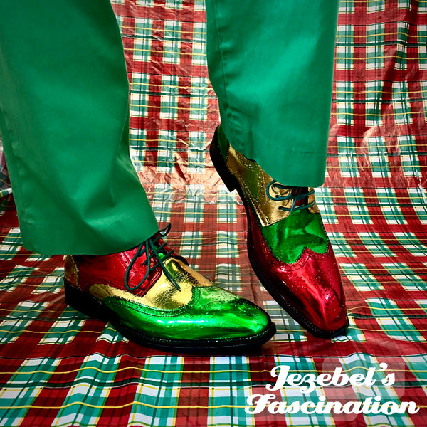 Metallic Men's Christmas Wingtip Shoes, Funny Kitschmas Oxfords, Golden Formal Disco Red Green Elf Parade Brogues, Classy Santa New Orleans Carnival Foiled Decorated Hand Made Unique Jezebel's Fascination