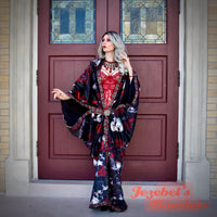 Velvet Skull Bat Wing Dressing Gown, Gothic Romantic Oddity Red Rose Vampire Costume, WGT Duster, Golden Ornate Embroidered Robe, Halloween Wedding Cocoon Burgundy Poiret Kimono Flowing Black Magic Queen Burlesque Costume Goddess Majestic Smoking Jacket