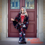 Velvet Skull Bat Wing Dressing Gown, Gothic Romantic Oddity Red Rose Vampire Costume, WGT Duster, Golden Ornate Embroidered Robe, Halloween Wedding Cocoon Burgundy Poiret Kimono Flowing Black Magic Queen Burlesque Costume Goddess Majestic Smoking Jacket