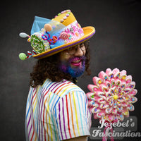 Mens Rainbow Candy Top Hat, Wonka Candy Mad Hatter Costume, Dapper Day Desert Pastries Asymmetrical Candyland Cosplay Accessory Wonderland Dandy Colorful Races Vaudeville Festival Carnival Burlesque Theater New Orleans Mardi Gras Funny Quirky