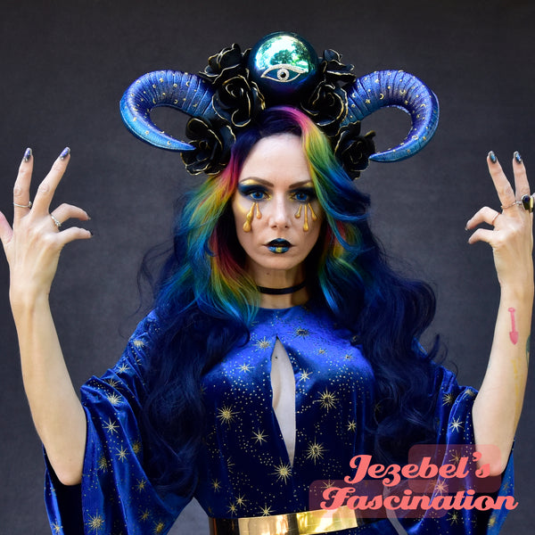 Royal Cobalt Blue Golden Horns, Witchy Crystal Ball Fortune Teller Headdress, Oracle Queen Witch WGT Headpiece, All Seeing Eye Burning Man Pagan Occult Roses Crown, Star Astrological Masquerade Indigo Beast Bovine Majestic Goddess Ram Fantasy Gothic