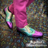 Metallic Men's Wingtip Shoes, 80s Synthwave Oxfords, Golden Formal Disco Magenta Aqua Mint Jester Parade Brogues, Classy Mardi Gras New Orleans Carnival Foiled Decorated Hand Made Unique Jezebel's Fascination