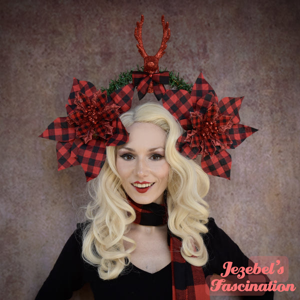 Buffalo Plaid Deer Elk Antlers Red Black Headpiece, Ugly Tacky Christmas Headband, Poinsettia Flower Crown, Hunter Cabin Winter Yule Pine Ribbon Hand Made Rustic Bow Holiday Headwear, Miracle Kitschmas Party New Orleans Accessories Headwear Funny