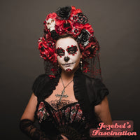 Day of the Dead Halo, Catrina Dia de los Muertos Red Black Rose Flower Crown, Veil Skull Headdress, Lace Spider Web Mantilla Queen Costume, Candles Headpiece Headband WGT Gothic Romantic Floral Halloween Gothique Romantique Flamenco Spanish