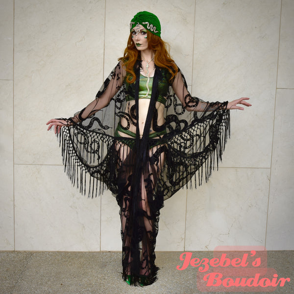 burlesque green dress Sheer Mystical Snake Kimono, Fringe Burn Out Velvet Witchy Duster, Gothic Fortune Teller Bohemian Oracle Costume, Festival Goddess Bat Wing Cocoon