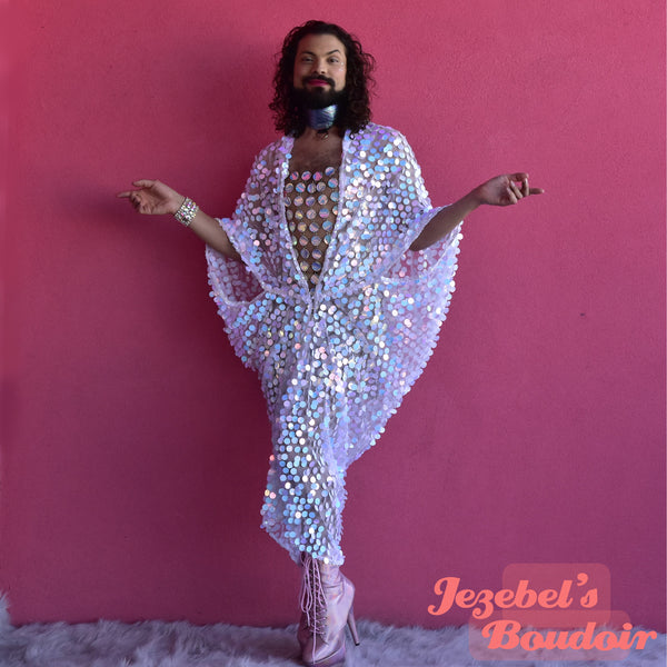 White Iridescent Sequin Duster, Glam Festival Kimono, Sheer Chunky Pai Jezebel's Fascination White Iridescent Sequin Duster, Glam Festival Kimono, Sheer Chunky Pai Jezebel's Fascination