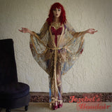 Art Nouveau Sheer Bat Wing Flowing Dressing Gown, Blue Iridescent Cocoon Robe Kimono, Golden Burgundy Rose Reveal Red Pearl Crystal Festival Poiret Dance Wrap Drag Queen Burlesque Bohemian Costume Carnival Goddess Majestic Fantasy Virgin Mary Costume