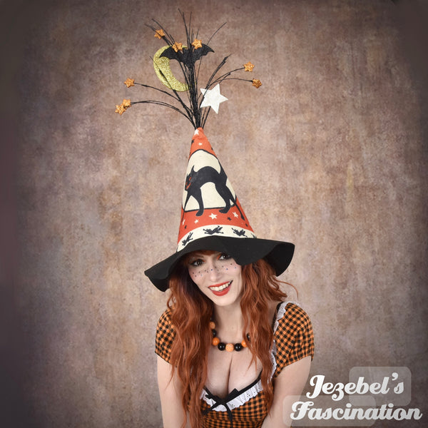 Orange Folk Cottage Core Black Cat Witch Hat, Unique Witch Scarecrow Full Crescent Moon Star Costume, Retro Bat Halloween, Unique Magick Felt Headpiece