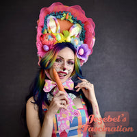 Large Rainbow Easter Rabbit Ears Bonnet, Carrots Eggs Bunny Gay Parade Headpiece, Floral Ribbon Kidcore Headband, Lace Headdress, Kawaii Lolita Flower Crown Garden Party Accessories Hand Made New Orleans Headwear Unique Quirky Funny