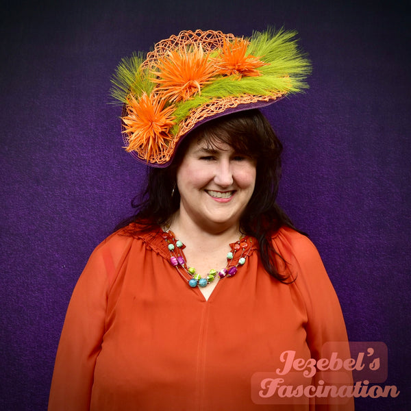 Large Purple Chartreuse Green Spring Autumn Orange Fascinator, Feather Garden Party Summer Fall Floral Horse Races Kentucky Derby Formal Hat, Hand Made Wearable Art Theater Romantic Unique New Orleans Theatrical