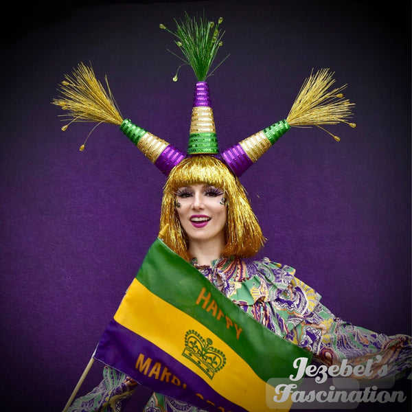 Large Mardi Gras Jester Fool Headdress, Purple Green Gold Carnival Headband, Unique New Orleans Hand Made Headpiece, Parade Novelty Vaudeville Crown, Kitsch Party Elf Fairy Theater Performer Festival