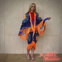 Astrology Wheel Festival Duster, Fringe Bat Wing Fortune Teller Dressing Gown, Crescent Moon Star Sun Oracle Zodiac Priestess Kimono, Cocoon Robe Blue Orange Occult Belly Dance Wrap Wicca Flowing Costume Mystical Goddess Majestic Bohemian Celestial