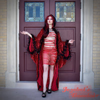 Velvet Sheer Spider Web Robe, Black Red Vampire Duster, Feather Beaded Art Deco Halloween Kimono Costume, Tulle Bat Wing Dressing Gown, Cocoon Robe Gothic Poiret Belly Dance Wrap Drag Queen Burlesque Theater Majestic