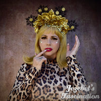 Large Leopard Print Poinsettia Flower Crown, Ugly Christmas Sweater Headpiece, Novelty Sexy Kitsch Kitschmas Party Headdress, Savage Golden Black Glitter Snowflake Holiday Headband, Kinkmas Yule Drag Queen Hand Made Unique Tacky Sweater Accessories