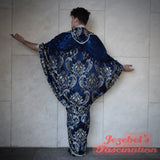 Majestic Sapphire Blue Champagne Damask Brocade Robe, Silver Regal Fortune Teller Art Nouveau Pewter Reveal, Bohemian Dressing Gown, Cocoon Beaded Fringe Duster Drag Queen Burlesque Flowing Costume Jacquard My Fair Lady Dance Royal Romantic New Orleans