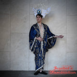 Majestic Sapphire Blue Champagne Damask Brocade Robe, Silver Regal Fortune Teller Art Nouveau Pewter Reveal, Bohemian Dressing Gown, Cocoon Beaded Fringe Duster Drag Queen Burlesque Flowing Costume Jacquard My Fair Lady Dance Royal Romantic New Orleans