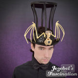 Gothic Black Bird Cage Top Hat, Romantic Raven Crown Skeleton Vampire Mens Costume, WGT Victorian Costume Cryptic Dark Skull Bones Masquerade Underground Frame Scroll Velvet Theater Unique Hand Made New Orleans Carnival Ball Wedding Gothique Romantique