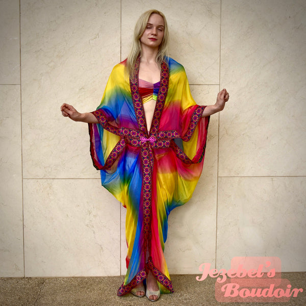 Sheer Rainbow Goddess Art Nouveau Kimono, Burlesque Drag Queen Gay Pride Dressing Gown, Vaudeville Bat Wing Duster, Geisha Cocoon Robe, Silk Poiret Sheer Rainbow Goddess Art Nouveau Kimono, Burlesque Drag Queen Gay Pride Dressing Gown, Vaudeville Bat Wing Duster, Geisha Cocoon Robe, Silk Poiret