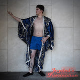 Majestic Sapphire Blue Champagne Damask Brocade Robe, Silver Regal Fortune Teller Art Nouveau Pewter Reveal, Bohemian Dressing Gown, Cocoon Beaded Fringe Duster Drag Queen Burlesque Flowing Costume Jacquard My Fair Lady Dance Royal Romantic New Orleans