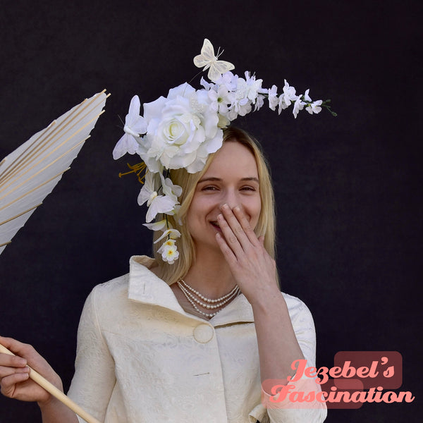white lily flower crown White Rose Butterfly Fascinator, Lily Races Headpiece, Dinner En Blanc Headband, Flower Crown, Dapper Day Hand Made Unique Spring Garden Tea Party