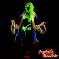 Neon Rainbow Glow Luna Moth Duster, UV Reactive Fringe Moon Phases Wrap, Butterfly Fortune Teller Oracle Robe, Flowing Mystical Empress Kimono, Priestess Dressing Gown, Rave Festival Robe Bohemian Dance Goddess Fantasy Queen Costume