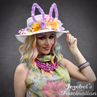 Easter Rabbit Ears Hat, Bunny Rainbow Light Up Funny Unique Hand Made Gay Parade Bonnet, Straw Flower Ribbon Country Party Hunt Headwear, Wonderland Costume Headpiece Pastel Glow