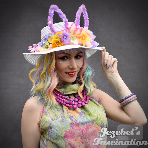 Easter Rabbit Ears Hat, Bunny Rainbow Light Up Funny Unique Hand Made Gay Parade Bonnet, Straw Flower Ribbon Country Party Hunt Headwear, Wonderland Costume Headpiece Pastel Glow
