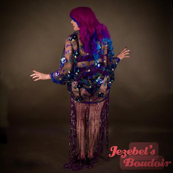 Peacock Royal Blue Art Nouveau Beaded Fringe Wrap, Sheer Purple Green Jezebel's Fascination Peacock Royal Blue Art Nouveau Beaded Fringe Wrap, Sheer Purple Green Jezebel's Fascination