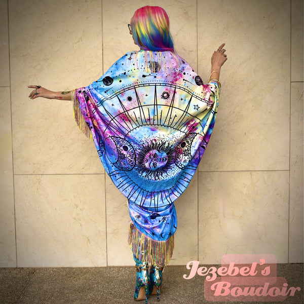 Pastel Rainbow Festival Duster, Astrology Fringe Fortune Teller Costume, Tie Dye Zodiac Star Sign Dressing Gown, Kimono Pagan Robe, Sun Crescent Moon Occult Priestess Belly Dance Wrap Wicca Flowing Costume, Mystical Goddess Majestic Bohemian Celestial