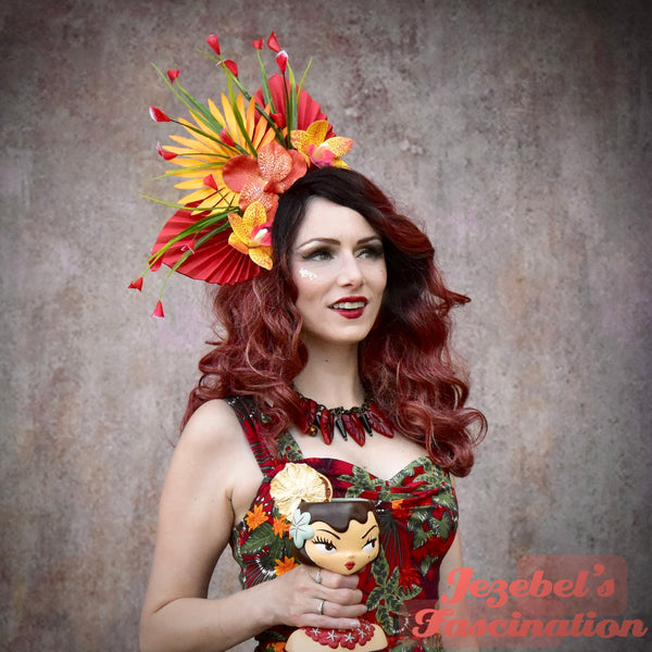 Golden Sunset Red Tiki Bright Tropical Jungle Fascinator, Dapper Day Large Polynesian Pop Hair Flower, Palm Leaf Frond Spear Spotted Orchid Lily Hukilau Leaves Headpiece, Pin Up Rain Forest Poison Garden Party, Oasis Summer Spring Tikibilly Hulabilly